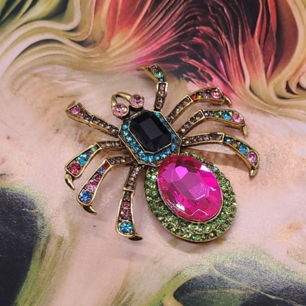 Vintage Estate Vibrant Multicolored Crystal Gold Spider Brooch